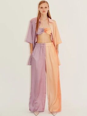 Two-Tone Lavender & Peach Wide-Leg Satin Pants